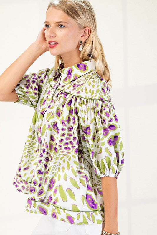 Sage Leopard Print Button Down Shirt