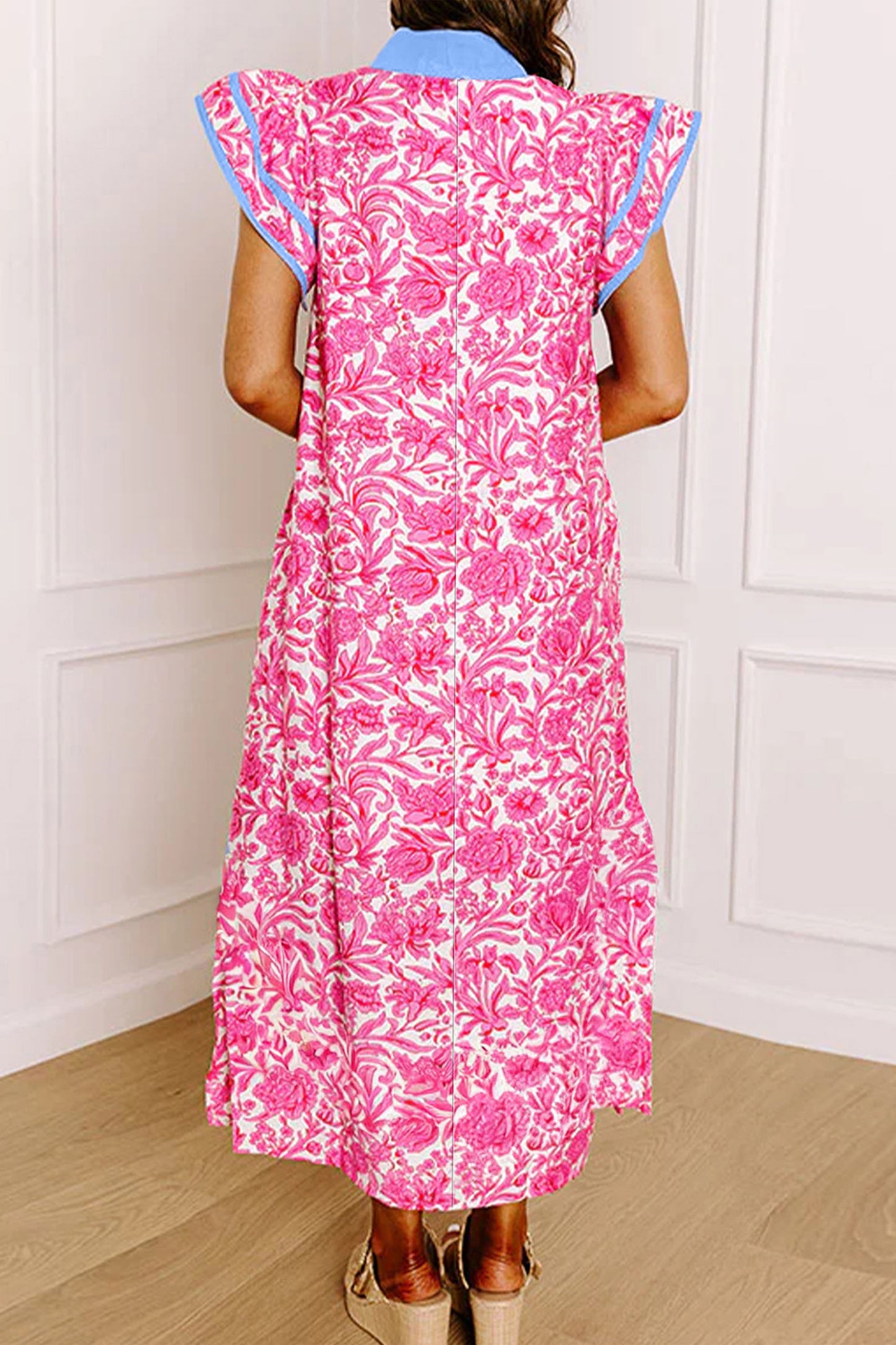 Pink Floral Print Color Block Patchwork V Neck Short Sleeve Midi Dress