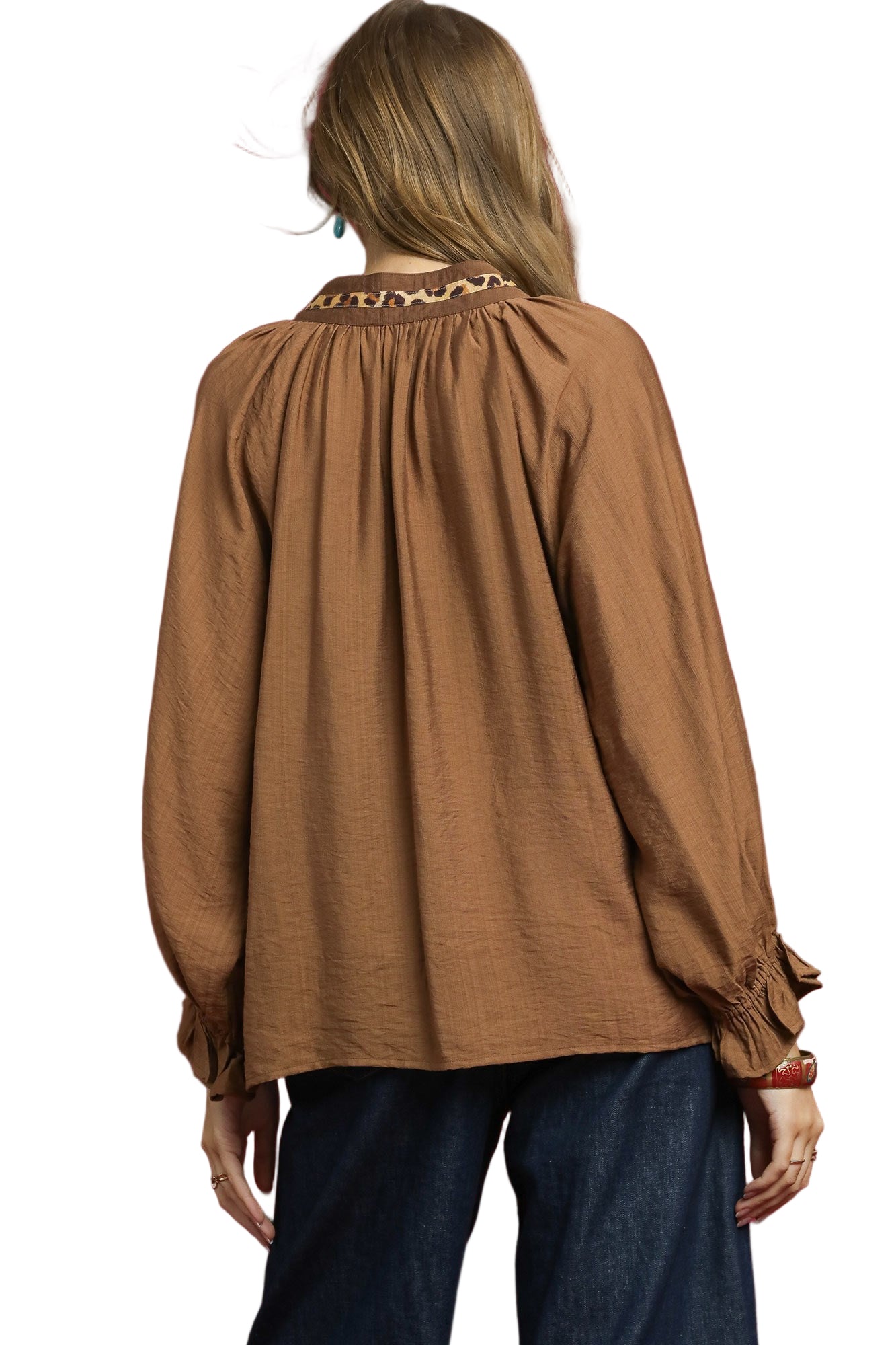 UMGEE-Leopard Trim V-Neck Shirt-Plus-Sizes