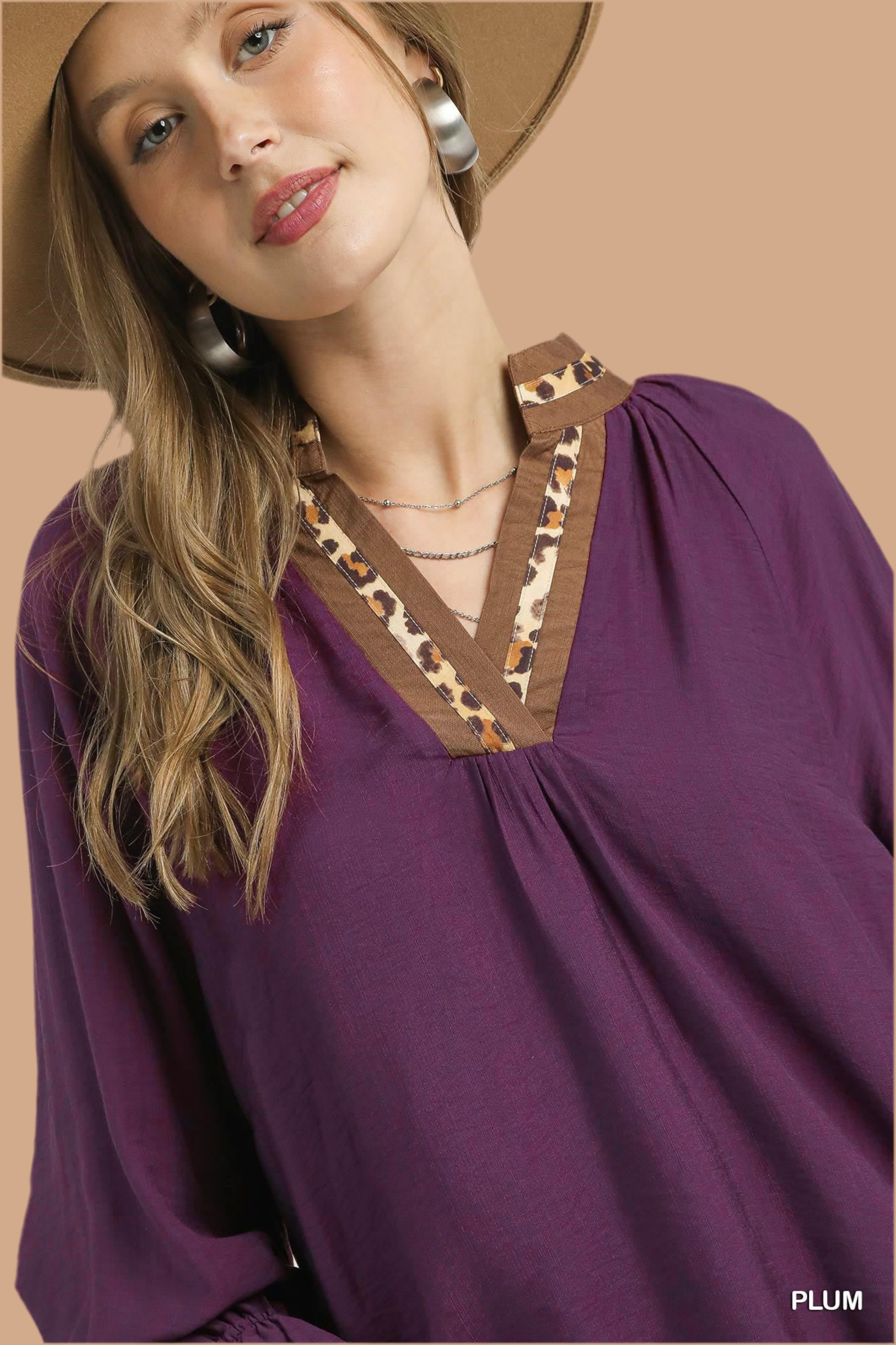 Umgee Plum Leopard Crazy Trim Shirt