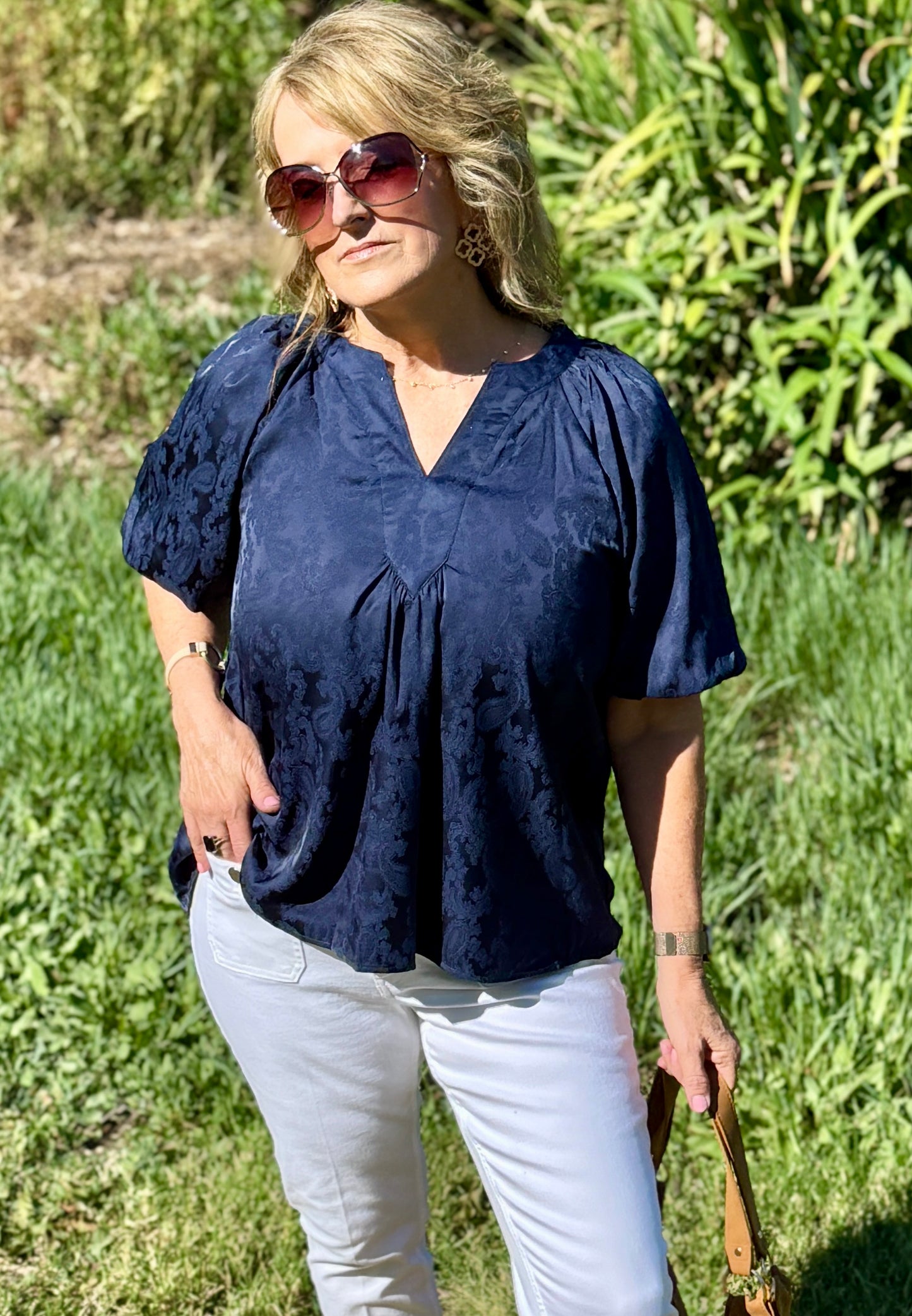 UMGEE-Satin Jacquard Puff Sleeve Blouse