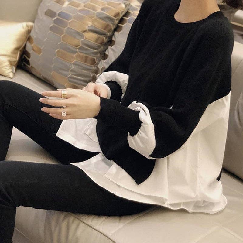 Long Sleeve Crewneck Patchwork Fake-Two Pullover Sweater