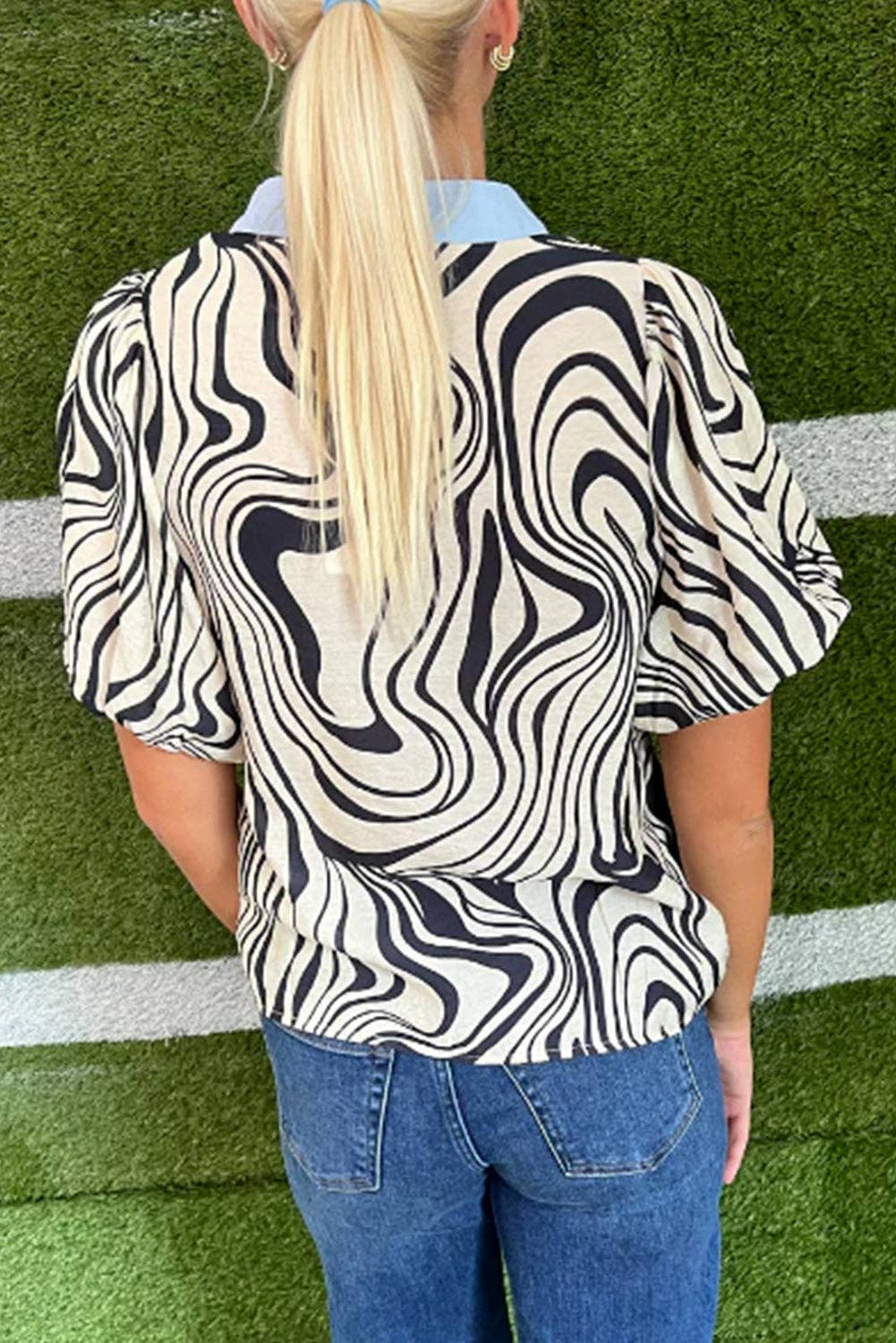 White Zebra Stripe Print V-Neck Shirt