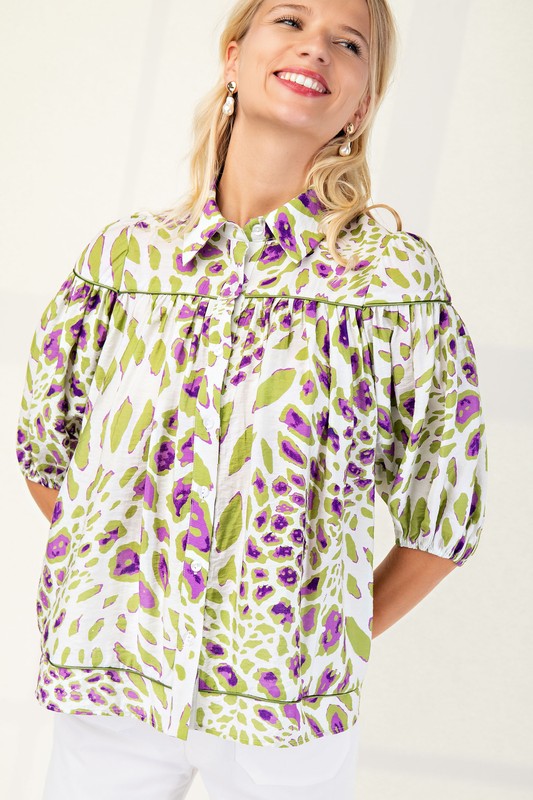 Sage Leopard Print Button Down Shirt