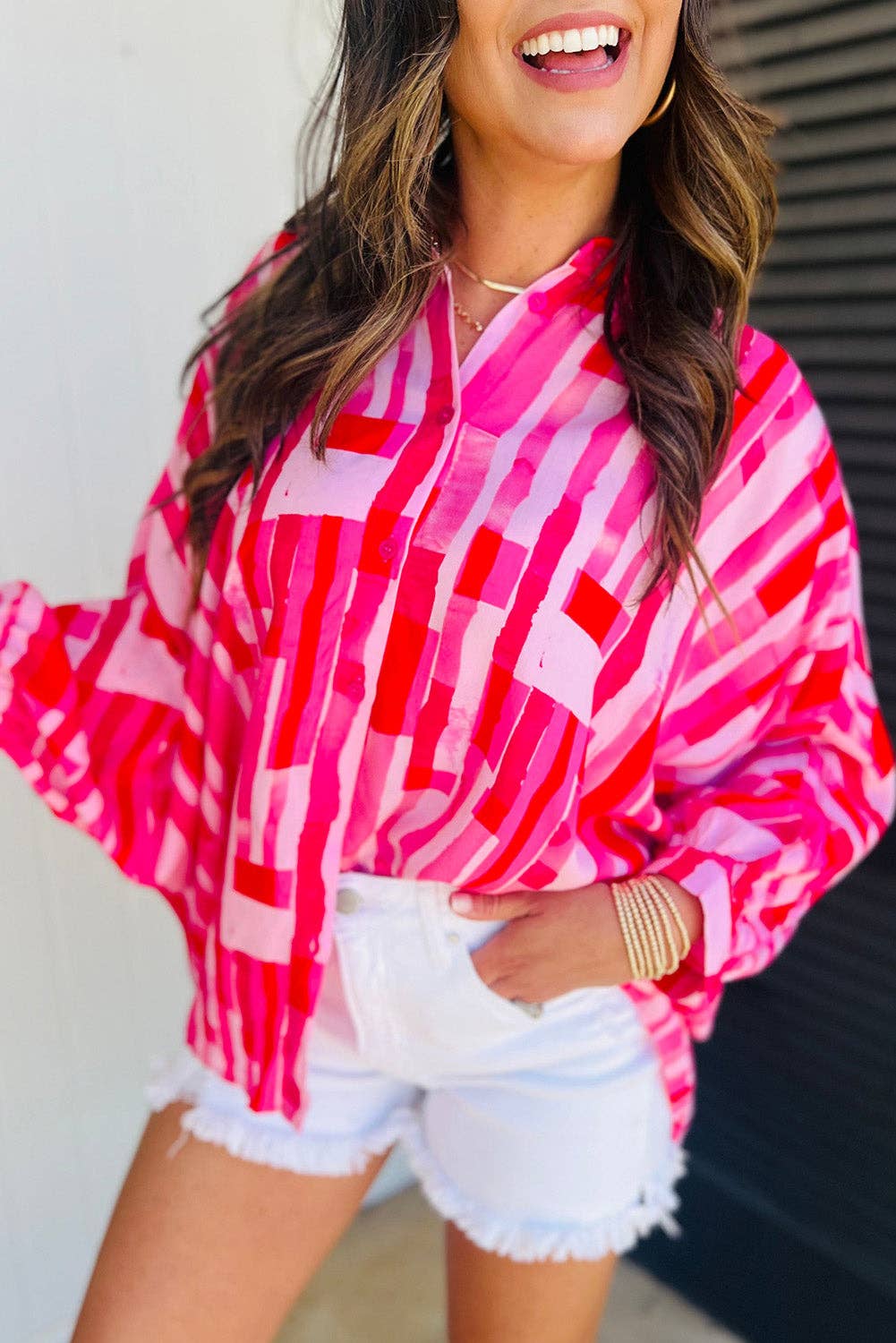 Abstract Batwing Sleeve Buttoned Shirt Misses/Plus-Sizes