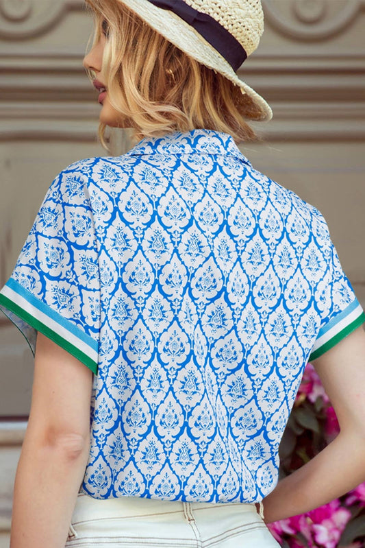Abstract Zip Neck Contrast Short Sleeve Casual Shirt
