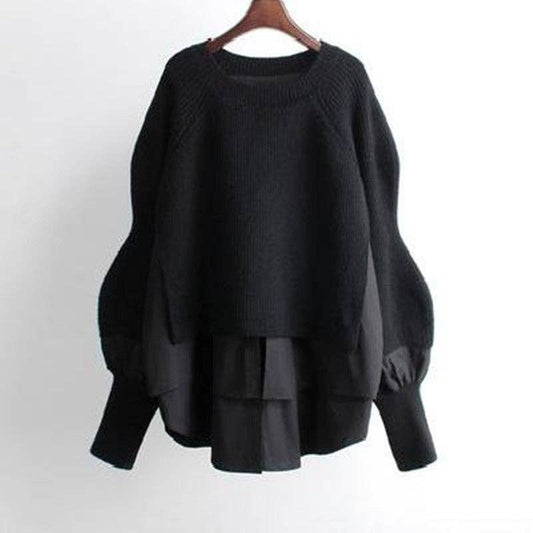 Long Sleeve Crewneck Patchwork Fake-Two Pullover Sweater