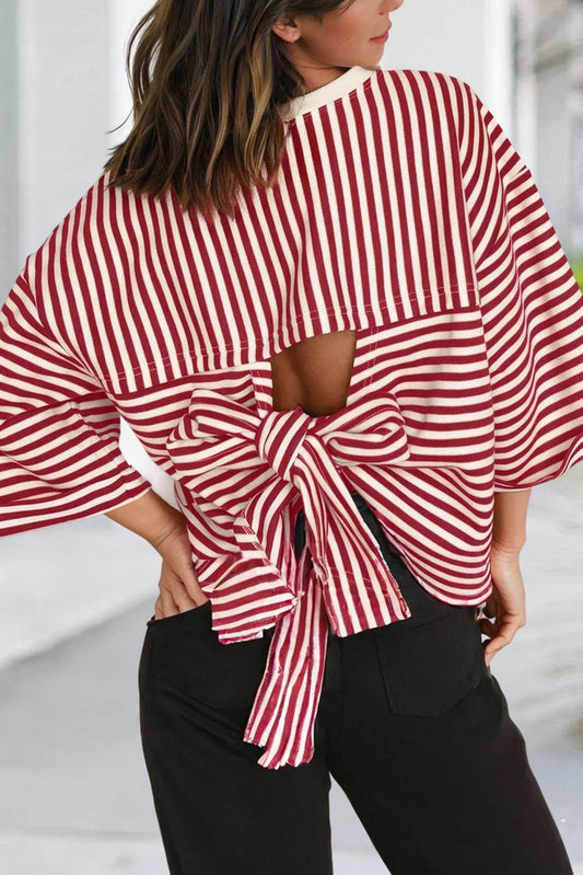 Bow Back Stripe Cutout Drop Shoulder Shirt | S-XL