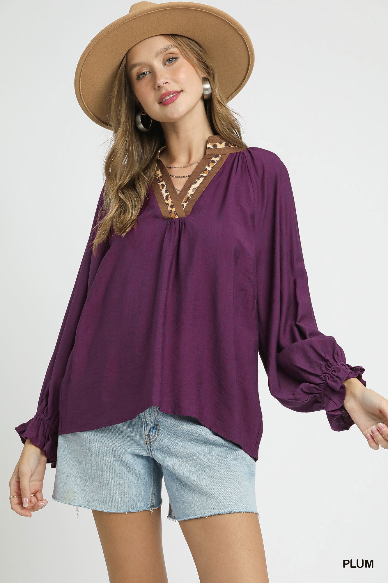 Umgee Plum Leopard Crazy Trim Shirt