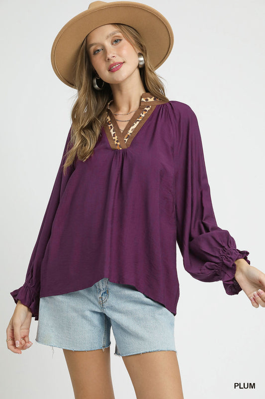 Umgee Plum Leopard Crazy Trim Shirt
