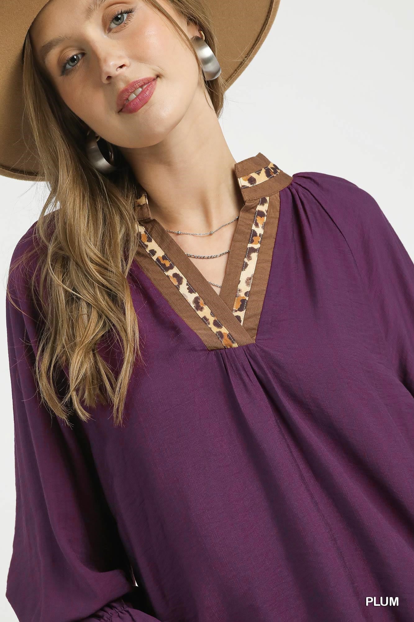 Umgee Plum Leopard Crazy Trim Shirt