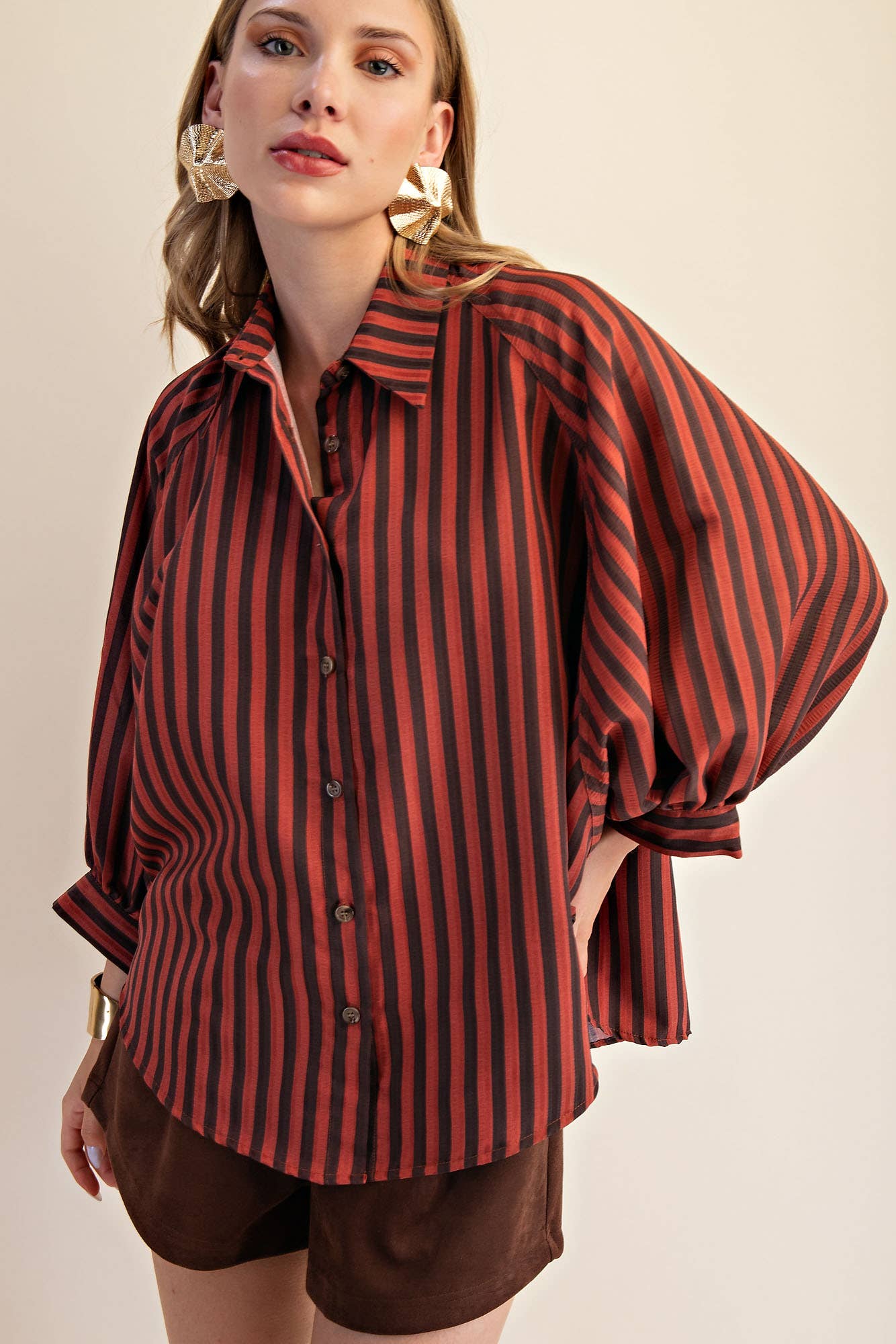 Striped Button Front Shirt-Rust S-L