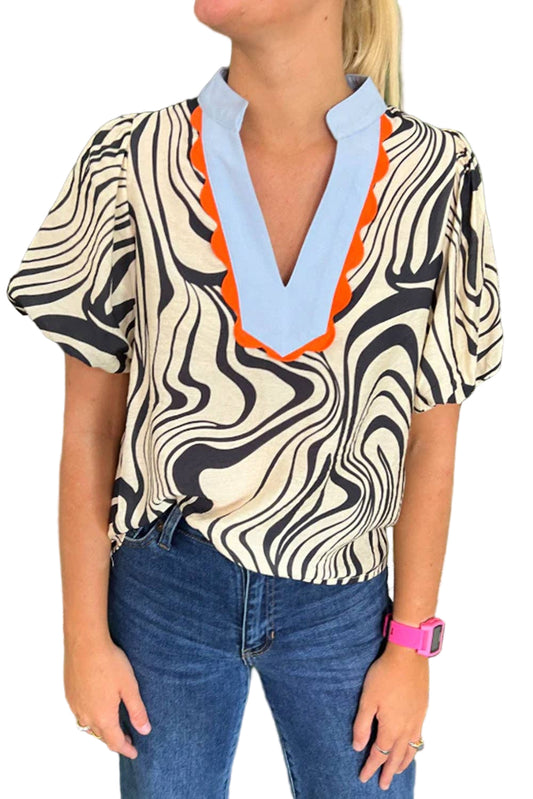 White Zebra Stripe Print V-Neck Shirt