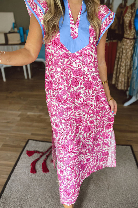 Pink Floral Print Color Block Patchwork V Neck Short Sleeve Midi Dress
