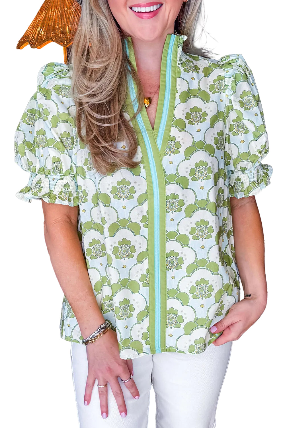 Green Floral Clouds Ruffled Short Sleeve Summer Blouse