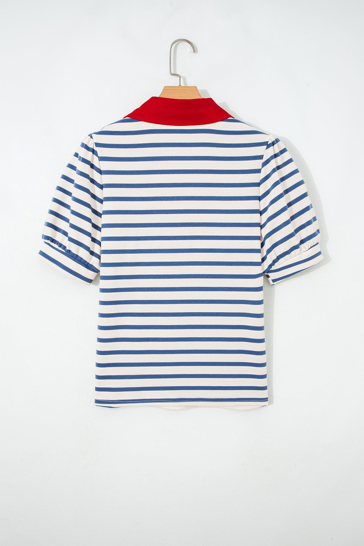 Blue Stripe  Color Block Polo Collar Blouse