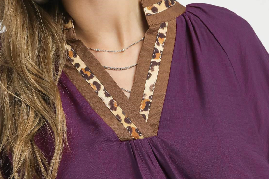 Umgee Plum Leopard Crazy Trim Shirt