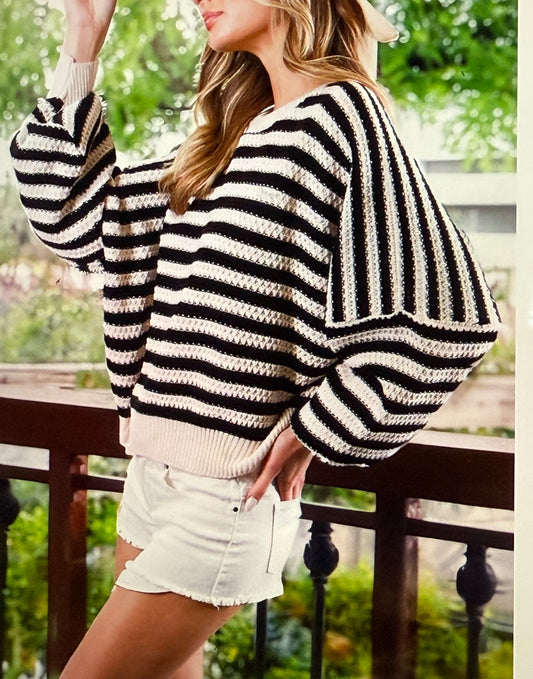Crew Neck Long Balloon Sleeve Strip Sweater