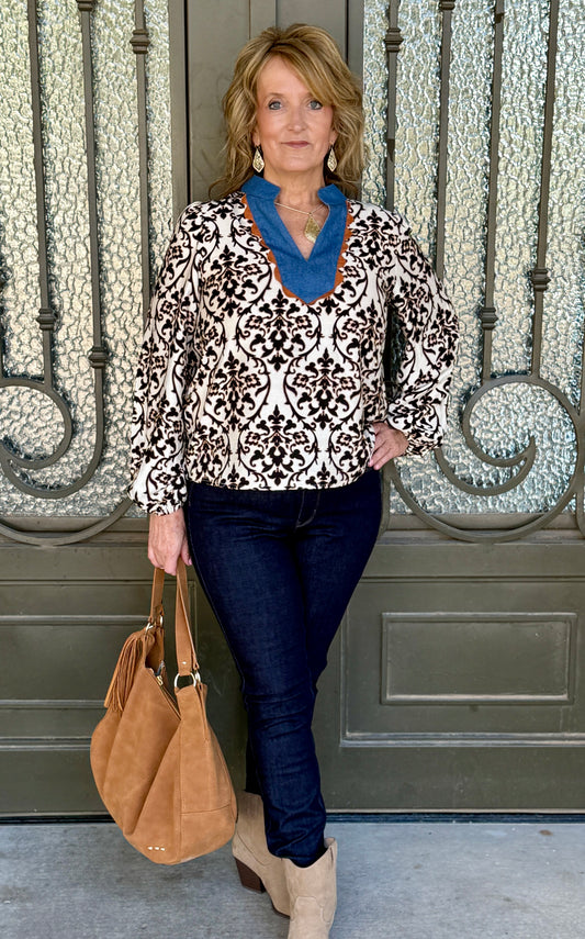 THML- Denim Trim Printed V-neck Shirt