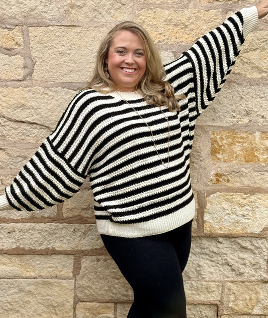 Crew Neck Long Balloon Sleeve Strip Sweater