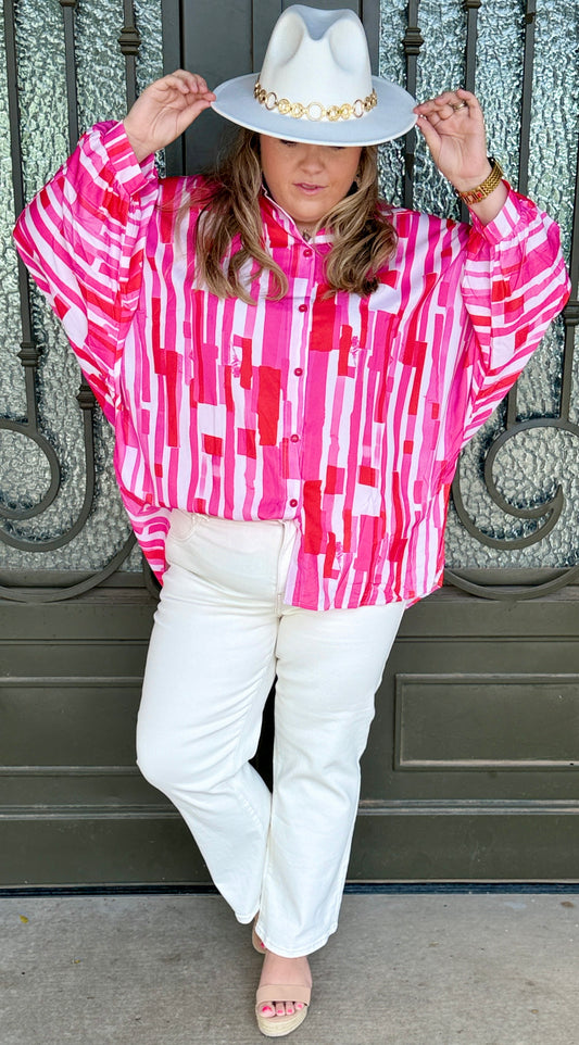 Abstract Batwing Sleeve Buttoned Shirt Misses/Plus-Sizes