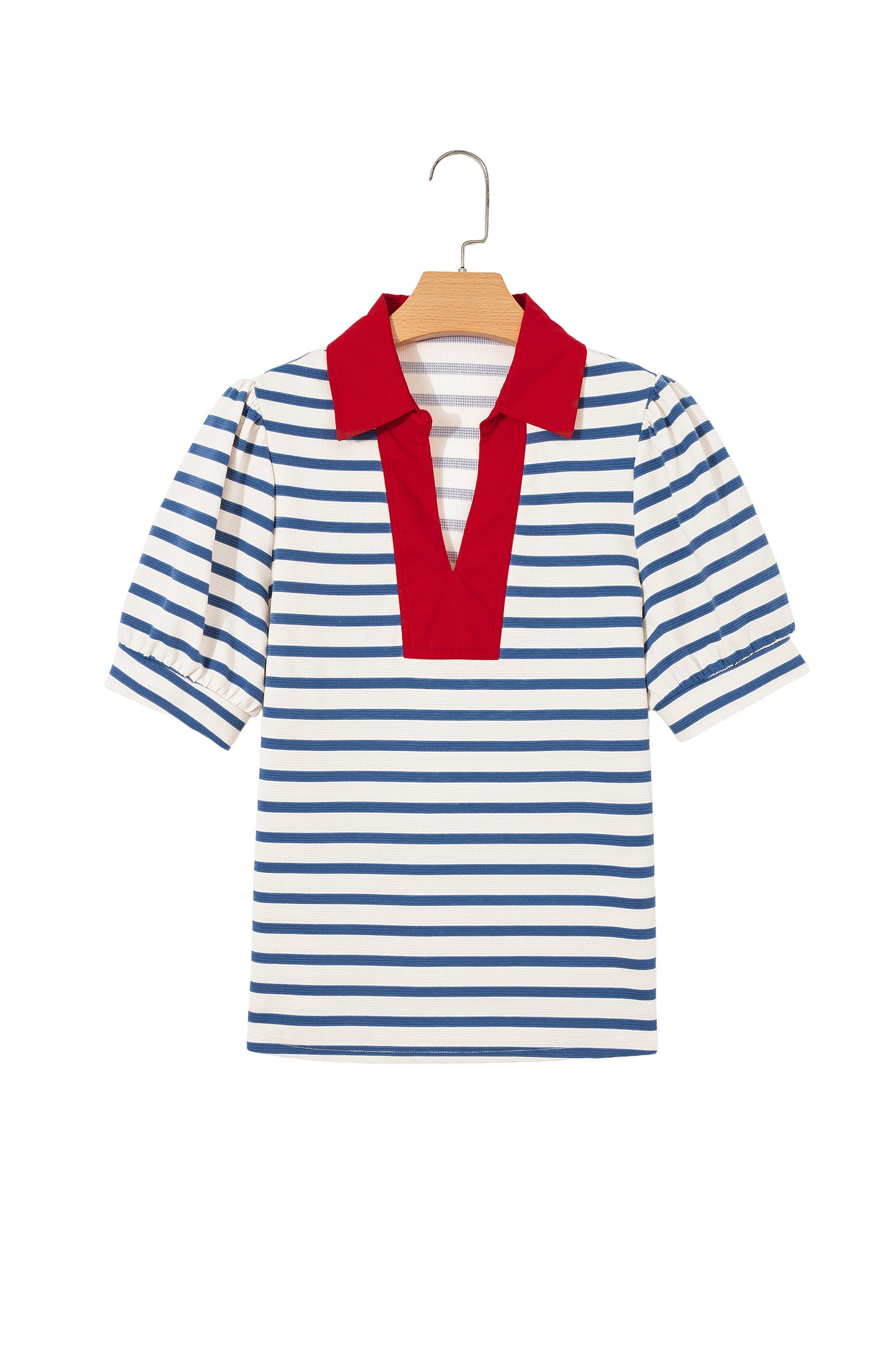 Blue Stripe  Color Block Polo Collar Blouse