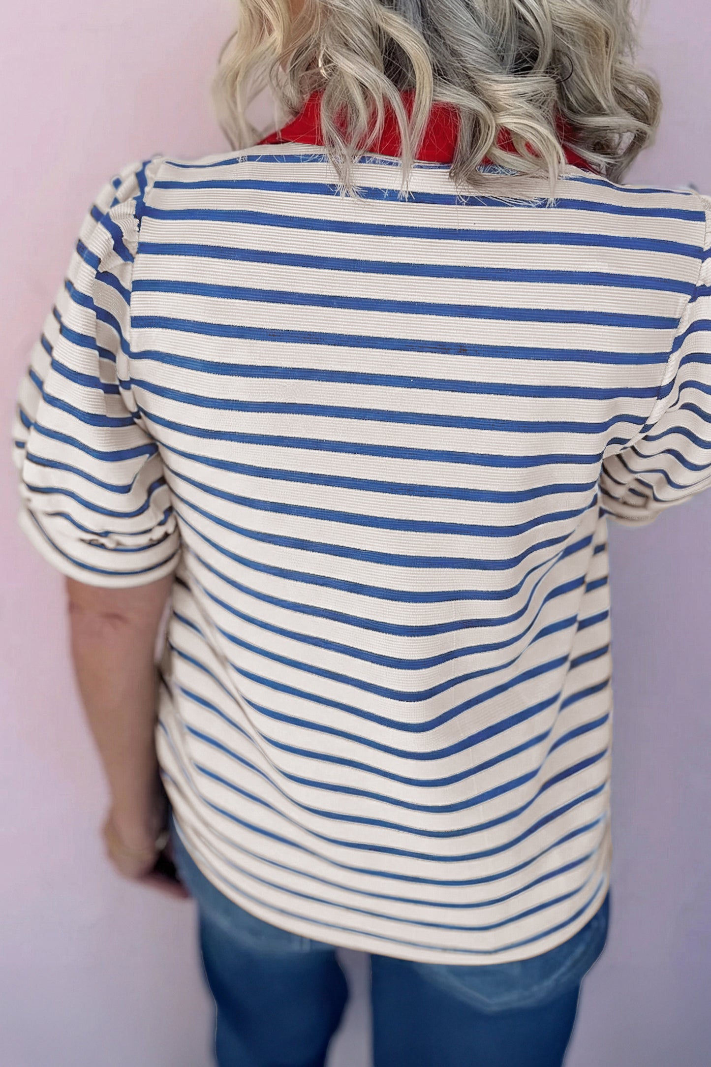 Blue Stripe  Color Block Polo Collar Blouse