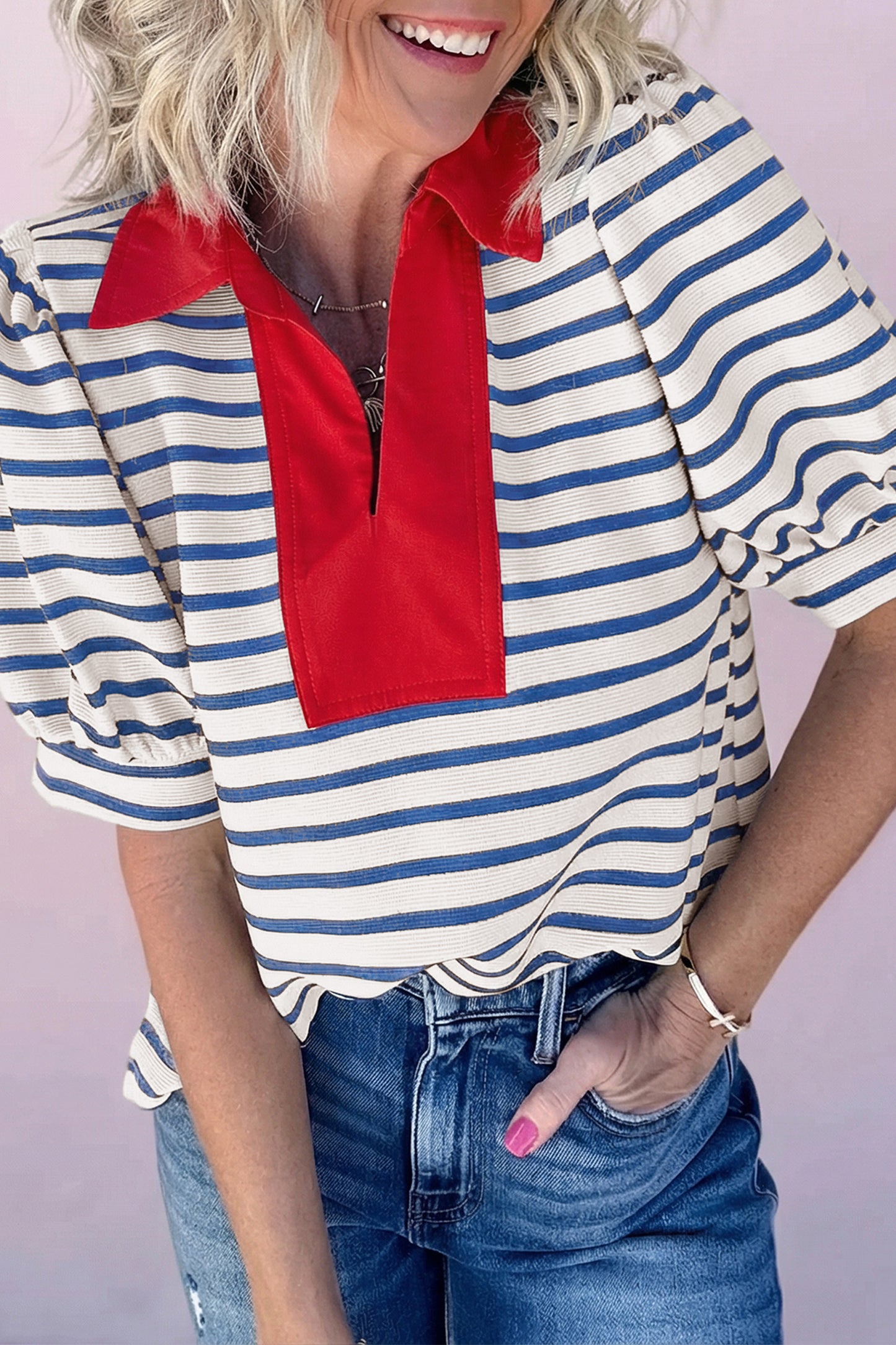 Blue Stripe  Color Block Polo Collar Blouse