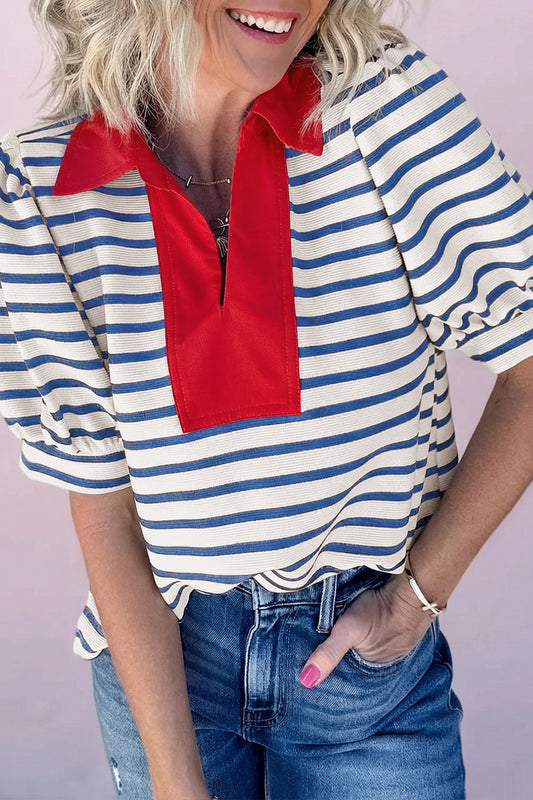 Blue Stripe  Color Block Polo Collar Blouse