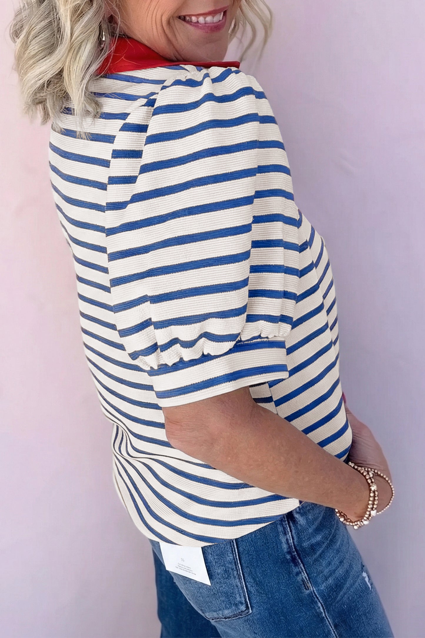 Blue Stripe  Color Block Polo Collar Blouse